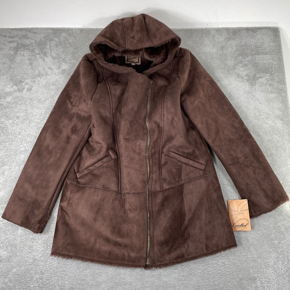 Excelled Faux Suede Shearling Coat Womens XL Brown Hooded Full Zip Jacket Pocket